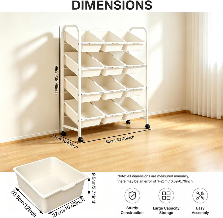 4 Etagen Spielzeugregal mit 12 Boxen,Kinder Organizer Weiss | Mobiler Organizer herausnehmbaren.Idea