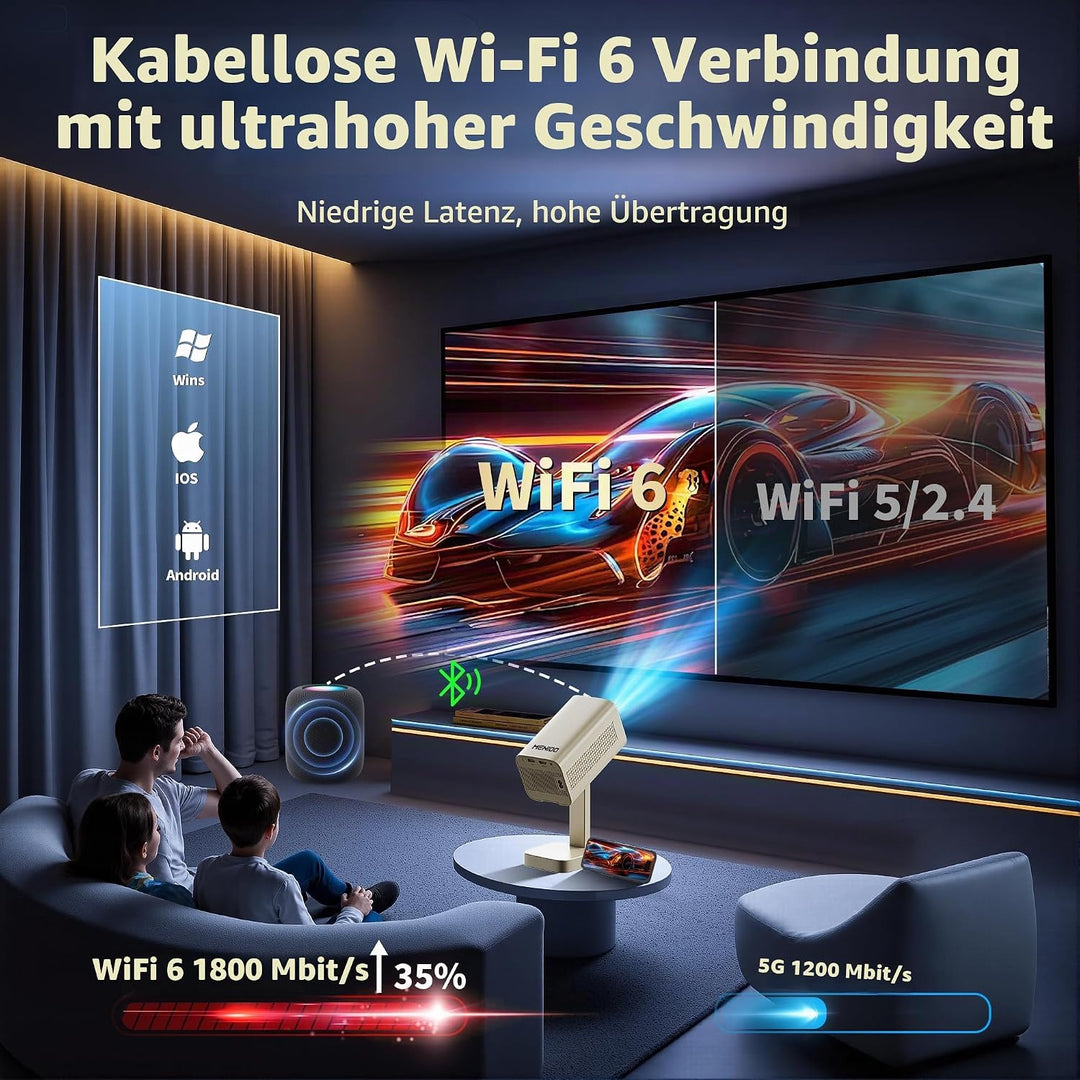Mini Beamer Unterstützt 4K Full HD 1080P, Smart Beamer mit Auto Fokus &amp; Keystone und 90° Drehbarkeit