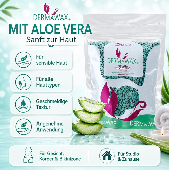 Dermawax 2 kg Aloe Vera Wachs Heisswachs Waxing Perlen Wachsperlen Wax Anwendung ohne Wachsstreifen