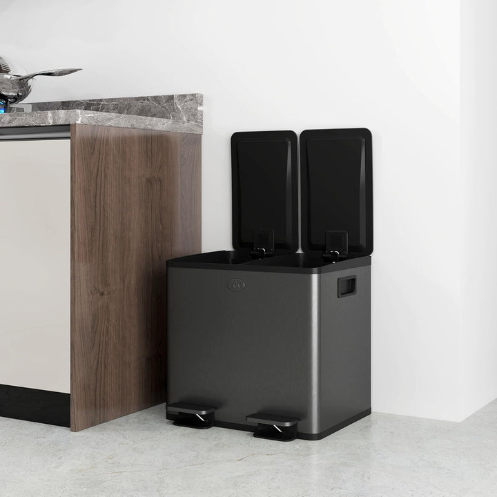 HOMCOM Mülleimer 2 x 15L Abfalleimer aus Edelstahl Mülltrennsystem mit Softclose Deckel, Herausnehmb