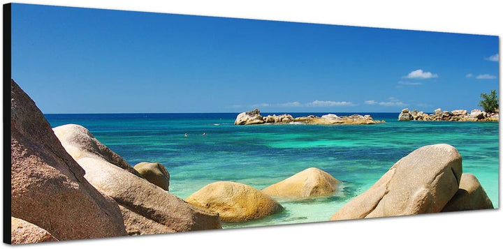 Paul Sinus Art Panoramabild auf Leinwand und Keilrahmen 150x50cm Seychellen Meer Steine Strand Himme