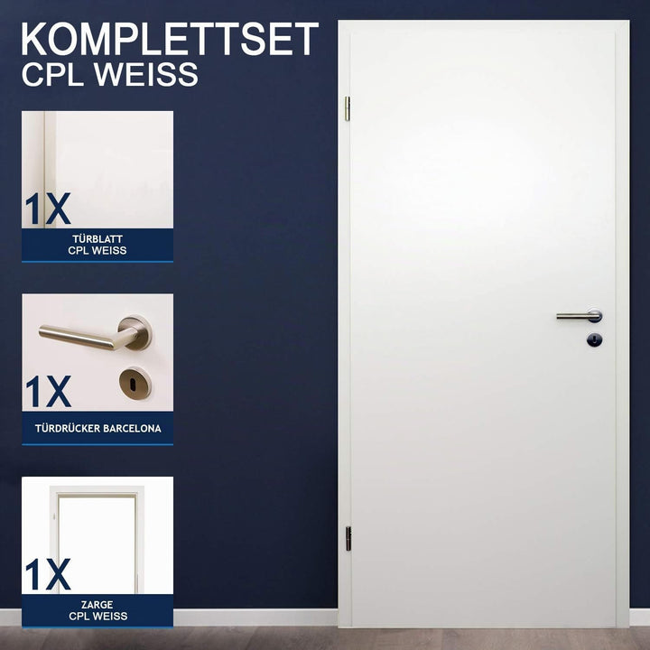 HORI® Zimmertür Komplettset mit Zarge und Türdrücker I Innentür CPL Weiss I Höhe 198,5 cm I Anschlag
