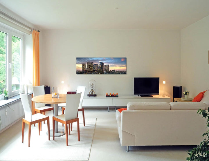 Paul Sinus Art Panoramabild auf Leinwand und Keilrahmen 150x50cm Los Angeles Wolkenkratzer Sonnenunt