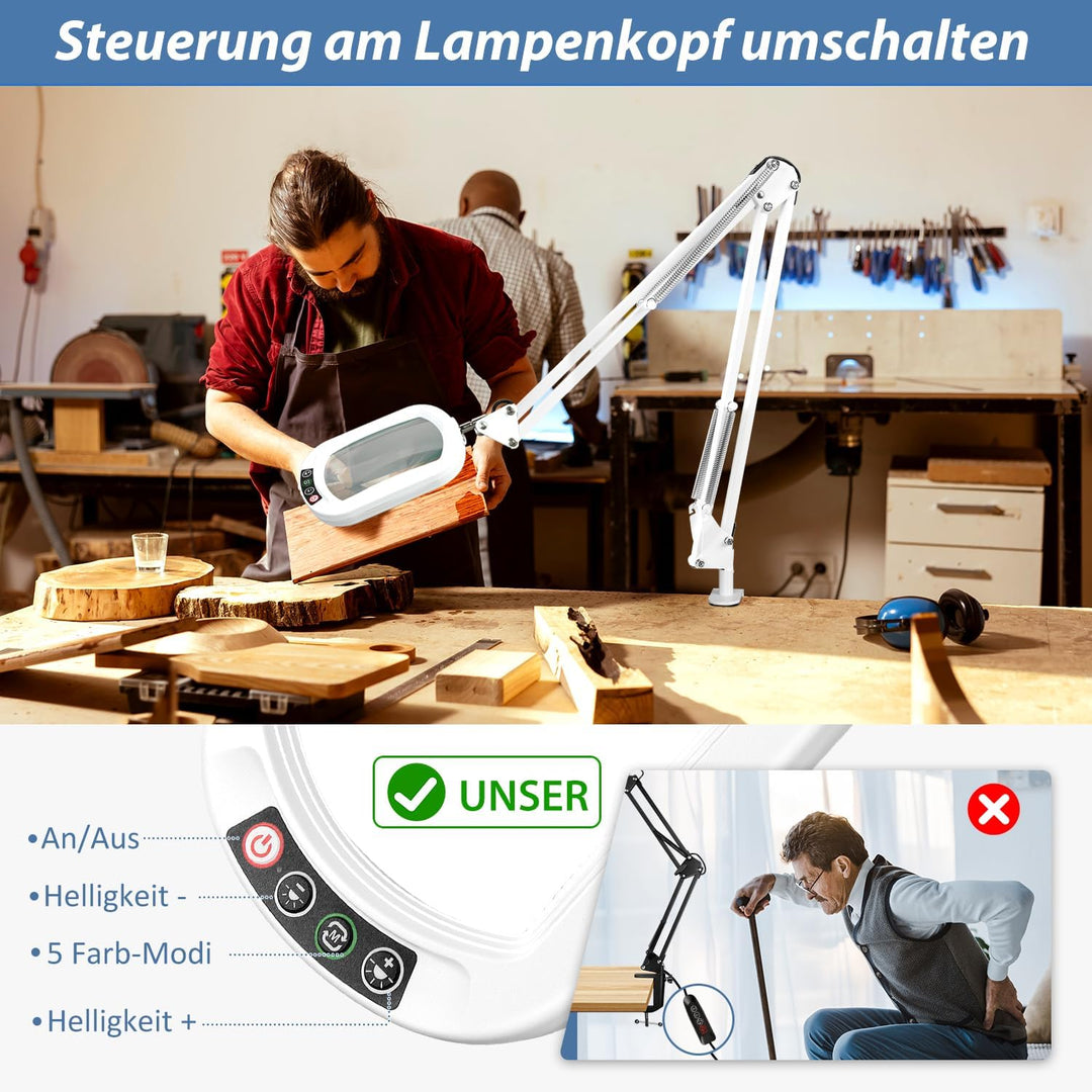 Veemagni 10X Echtes Glas Rechteckige Lupe mit Licht und Klemme, 5 Farbmodi Stufenlos Dimmen, 2 * 16