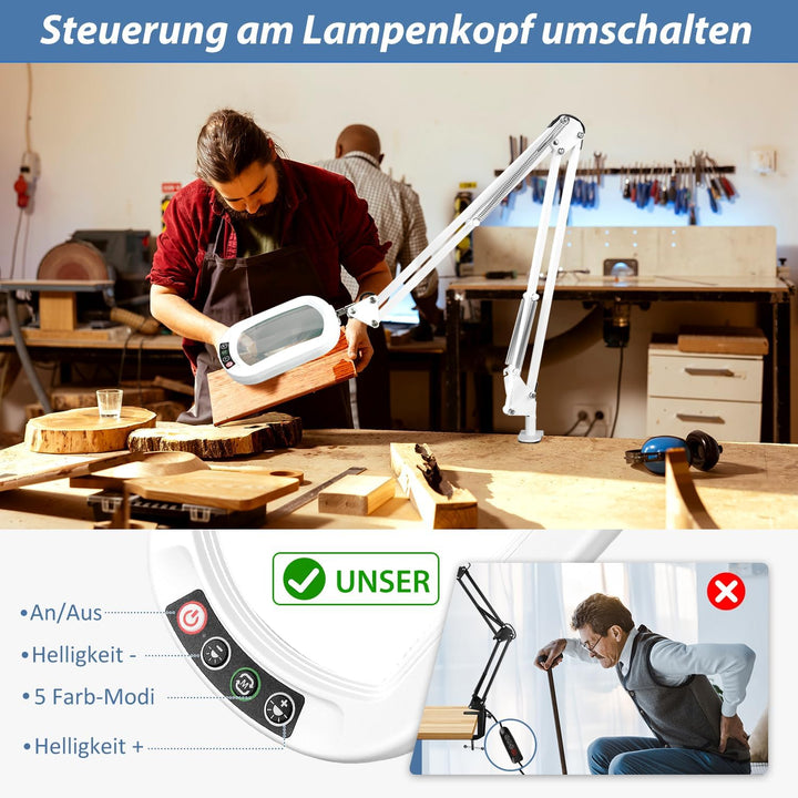 Veemagni 10X Echtes Glas Rechteckige Lupe mit Licht und Klemme, 5 Farbmodi Stufenlos Dimmen, 2 * 16