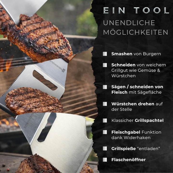 Multi Tool Grillspachtel | 8 in 1 Grillwerkzeug | Der Alleskönner auf dem Grill mit elegantem Akazie