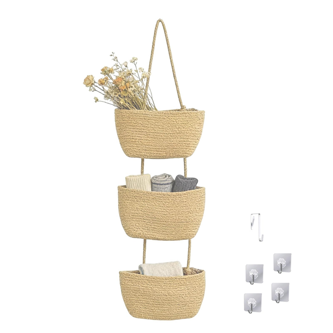 3-stöckiger Hängekorb aus Baumwollseil – Wand- & Türorganizer mit Türhaken & Klebehaken, Boho Aufbew
