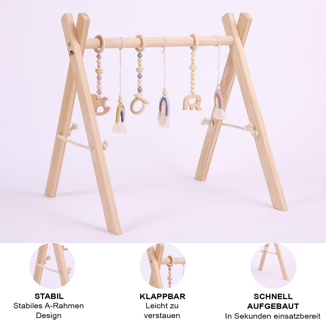 Ladanas Spielbogen Baby aus Holz inkl. 5 Spielzeugen & doppelseitiger Spielmatte – Stabiler & Klappb