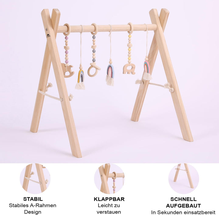 Ladanas Spielbogen Baby aus Holz inkl. 5 Spielzeugen & doppelseitiger Spielmatte – Stabiler & Klappb