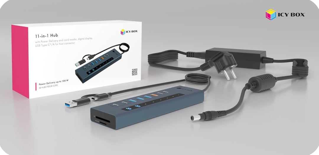 ICY BOX (11-in-1) USB-C Hub mit Kartenleser, 2X USB-C &amp; 1x USB-A (10 Gbit/s), 3X USB-A (5 Gbit/s), 1