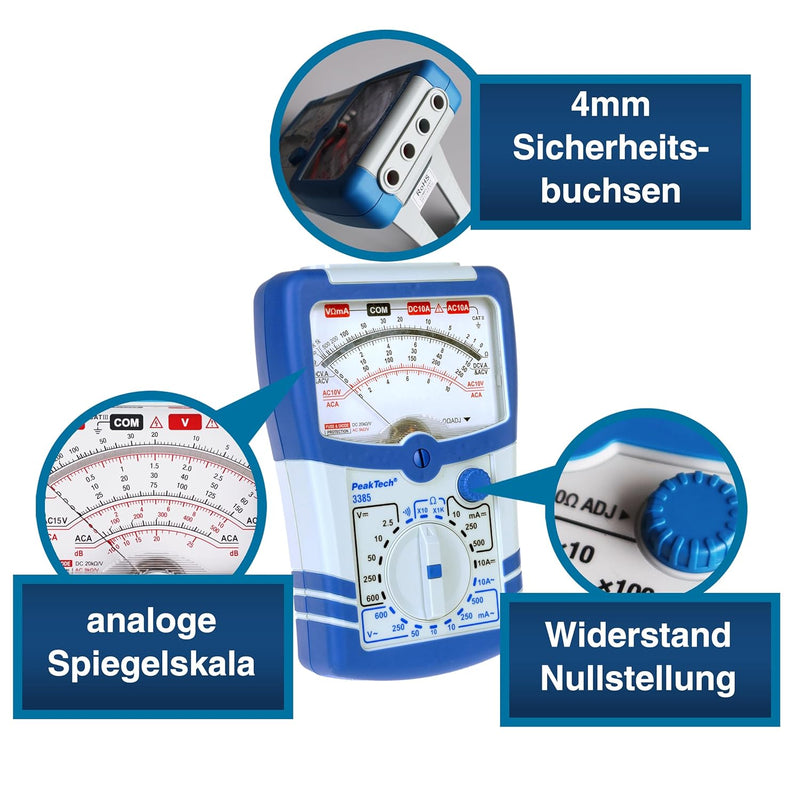 PeakTech 3385, Multimeter analog – Messgerät mit Voltmeter, Amperemeter, Durchgangsprüfer, Ohm Meter