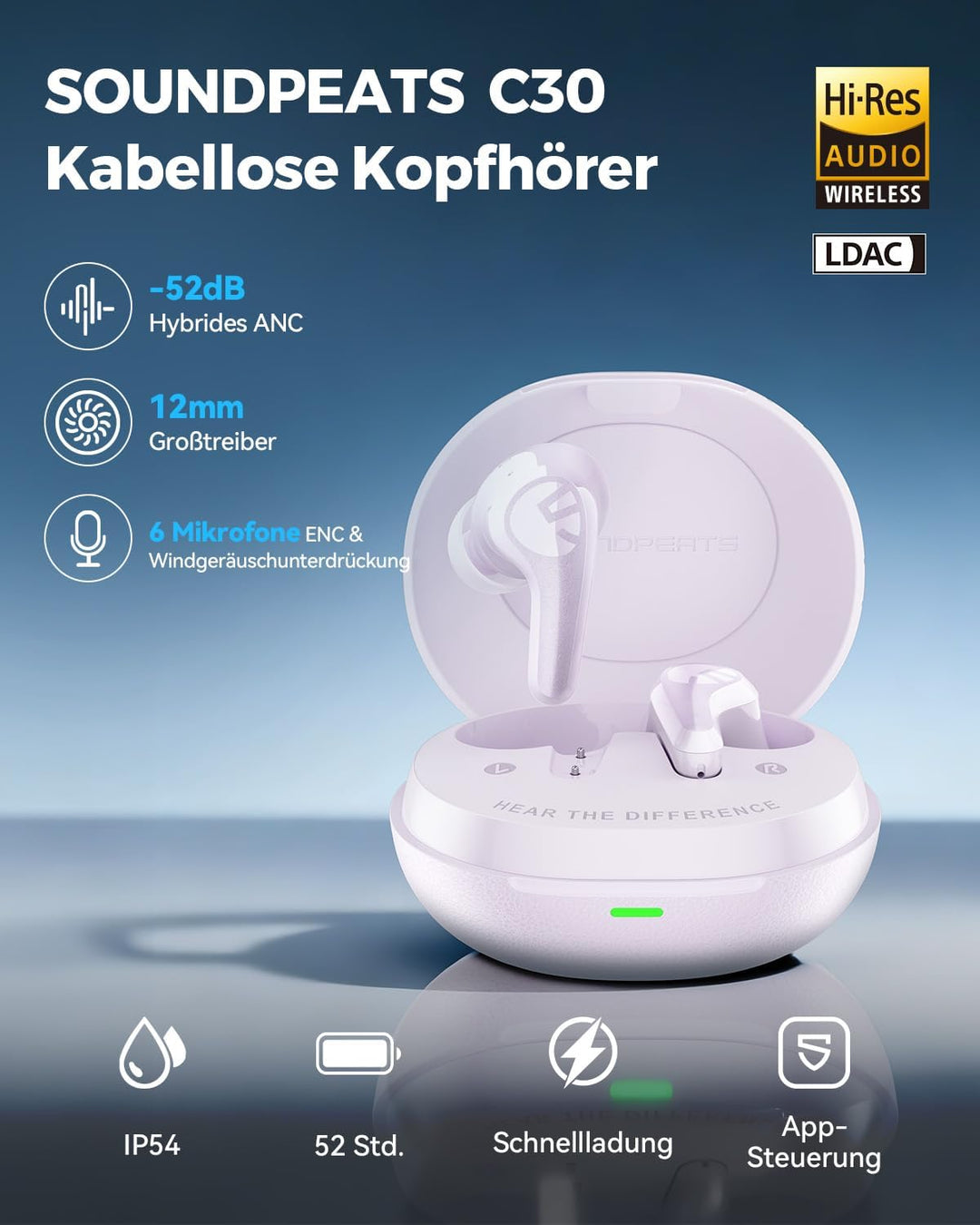 SoundPEATS C30 Noise Cancelling kopfhörer, Bluetooth Kopfhörer mit Hi-Res LDAC, 12mm Treiber, 52 Std