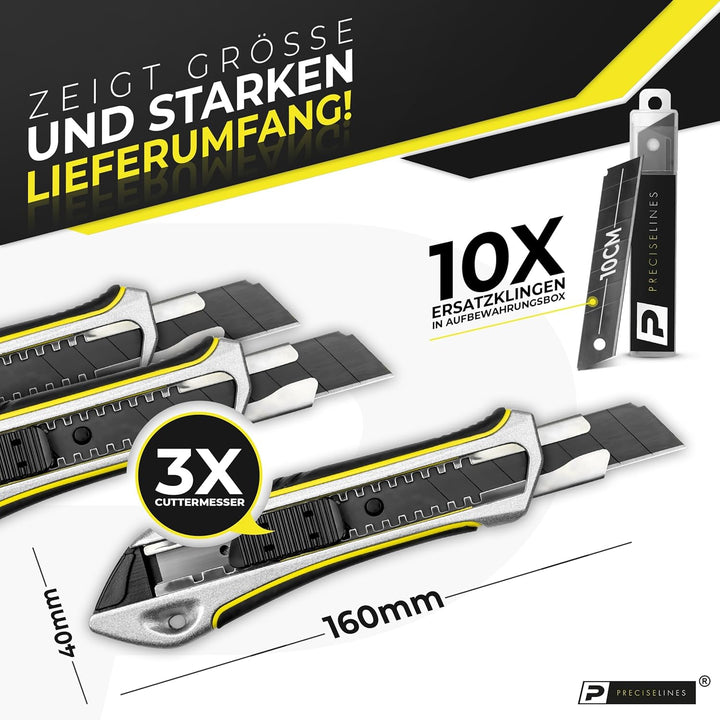 Precise Lines [3er Set] Profi Cuttermesser 18mm | Heavy-Duty-Gehäuse mit versenktem Schieberegler un
