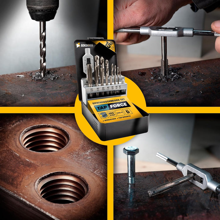 Gewindeschneider Set Metrisch, M3 - M12, 15tlg. HSS-G/Windeisen/Amboss Tap Force/Gewindeschneidsatz,