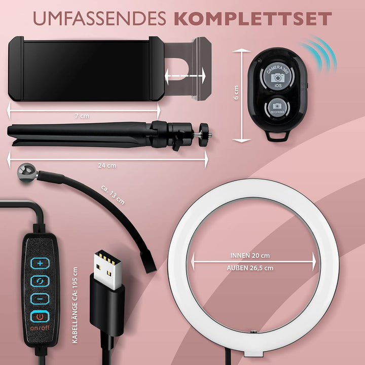 Ringleuchte Dimmbar – 10 Zoll Ringlicht mit Stativ & Bluetooth Selbstauslöser – 10 Helligkeitsstufen
