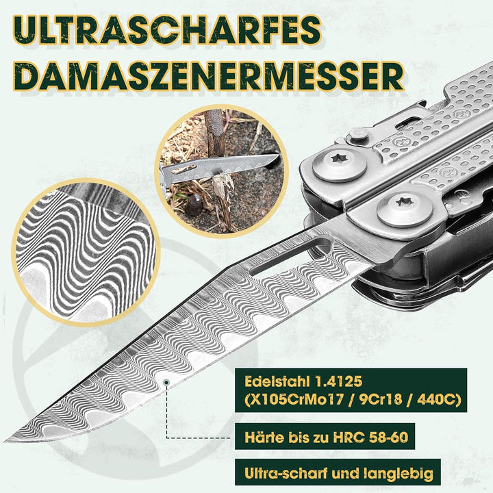 Multitool Werkzeug, Geschenke für Männer, Aufgerüstetes Multi Tool Edelstahl Faltbares mit Damastmes