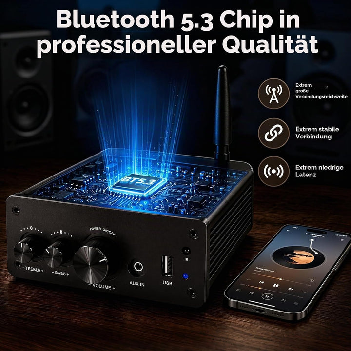 LONPOO Mini Bluetooth Hifi-Verstärker 200W mit Fernbedienung, Optical, COAX, USB, AUX-Eingang, 2 Kan