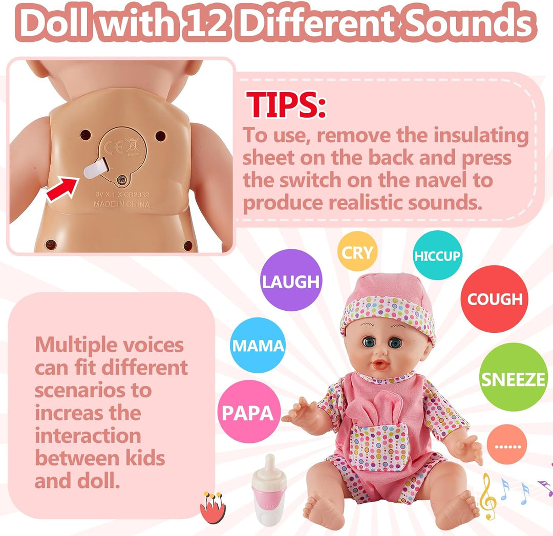 HERSITY Babypuppen Spielset mit 12 Ton und Automatisches Öffnen und Schliessen Augen, Puppen Kleider