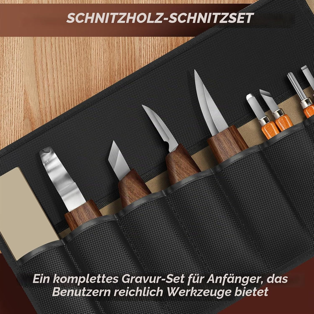 Holzschnitzwerkzeug-Set, Holzschnitzset mit Lederetui – Holzbearbeitungsmesser mit Lindenholzblöcken
