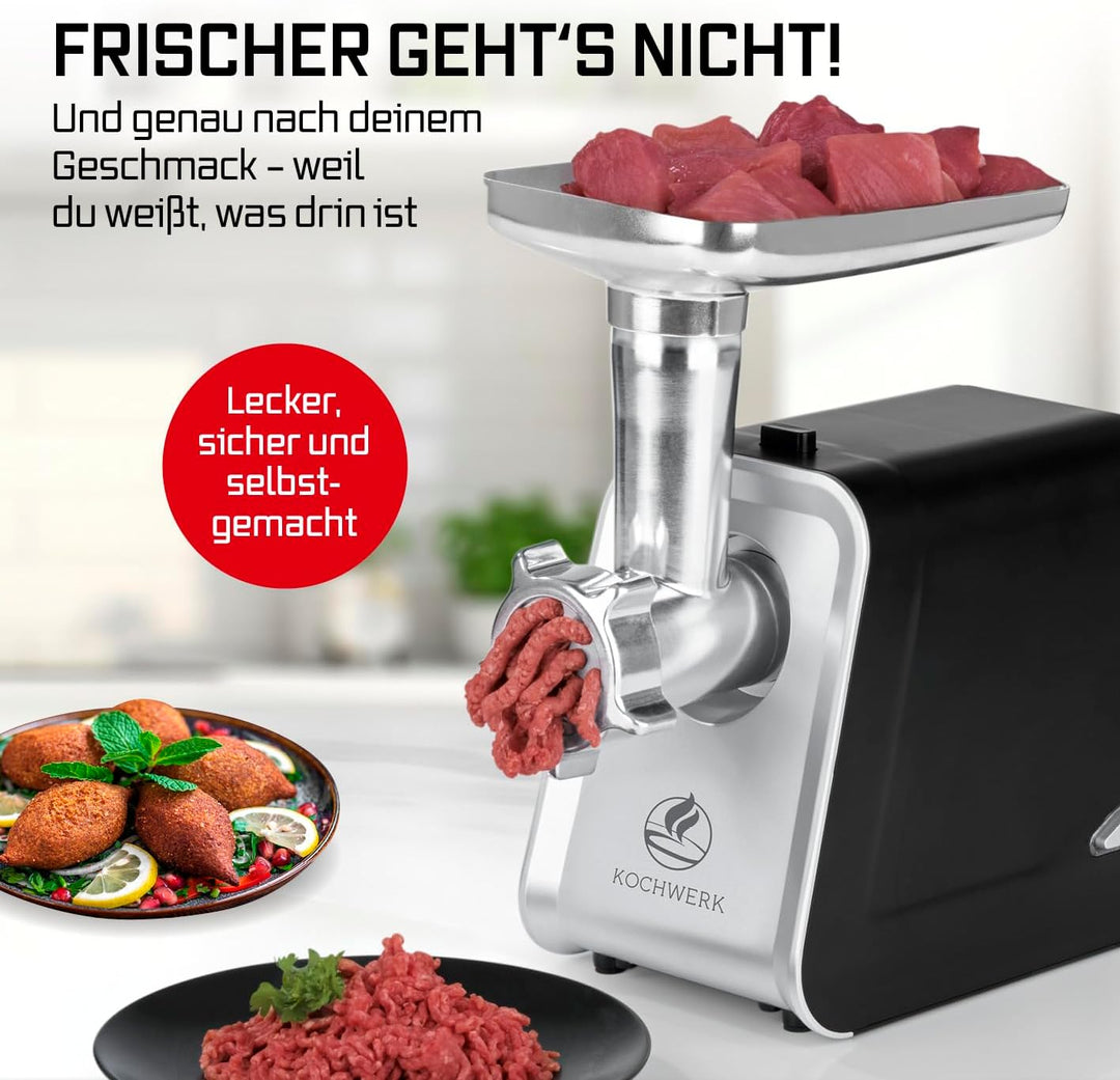 KOCHWERK elektrischer Fleischwolf mit Spritzgebäckvorsatz | verarbeitet bis zu 2000g/min | Hackfleis