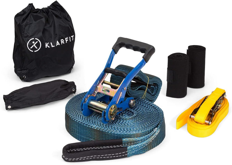 Klarfit Slackline, Slackline für Kinder & Erwachsene, Slackline-Set mit Übungsline, Ratsche, Seile &