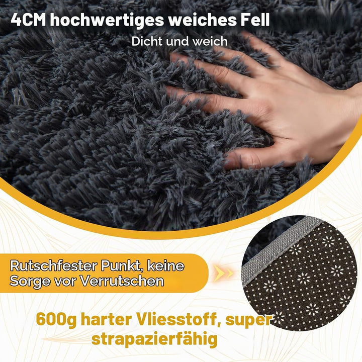CHOSHOME Teppich Rund 80CM Wohnzimmer Hochflor Waschbar Teppich Shaggy Grau Runden Teppiche Einfarbi