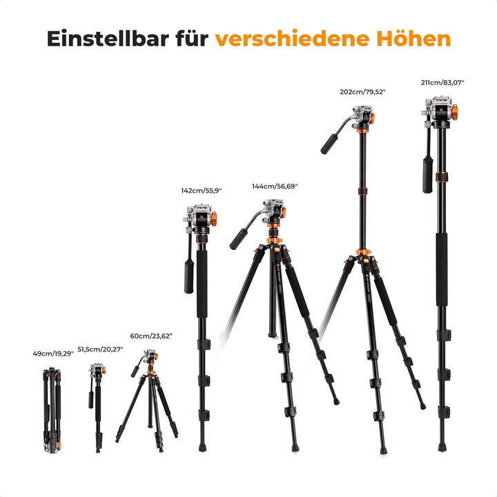 Kamera Stativ,K&F Concept Videostativ Video Tripod mit Fluidkopf,200cm Kamera Stativ, Tripod für unt
