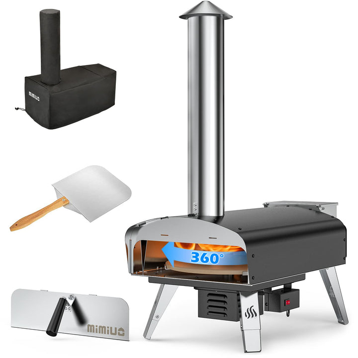 Mimiuo Outdoor Pizzaofen, Pelletofen für den Garten mit automatischem Drehsystem, Holzofen mit Pizza