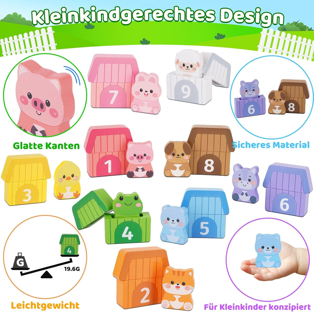 KMTJT Montessori Holzspielzeug ab 1 Jahr – Bauernhof Tier-Puzzle &amp; Sortierspiel mit Zahlen, Pädagogi