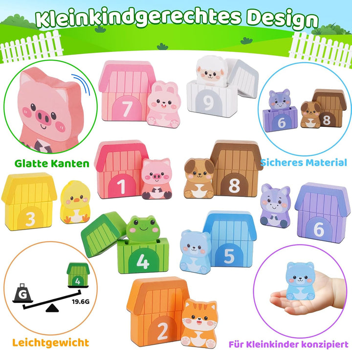 KMTJT Montessori Holzspielzeug ab 1 Jahr – Bauernhof Tier-Puzzle &amp; Sortierspiel mit Zahlen, Pädagogi