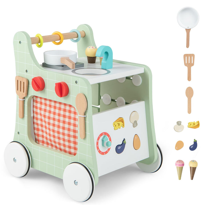 COSTWAY 6 in 1 Lauflernhilfe aus Holz, Lauflernwagen mit Spielküche, Lernuhr, Formanpassung & bewegl