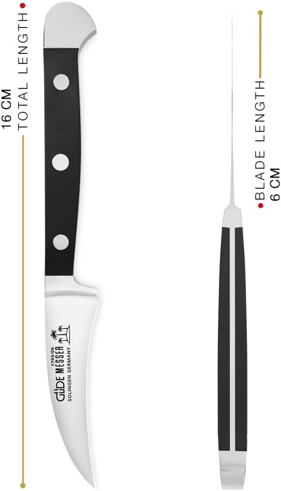 GÜDE Solingen - Schälmesser geschmiedet, 6 cm, POM schwarz, ALPHA, Tourniermesser, Doppelkropf, Hand