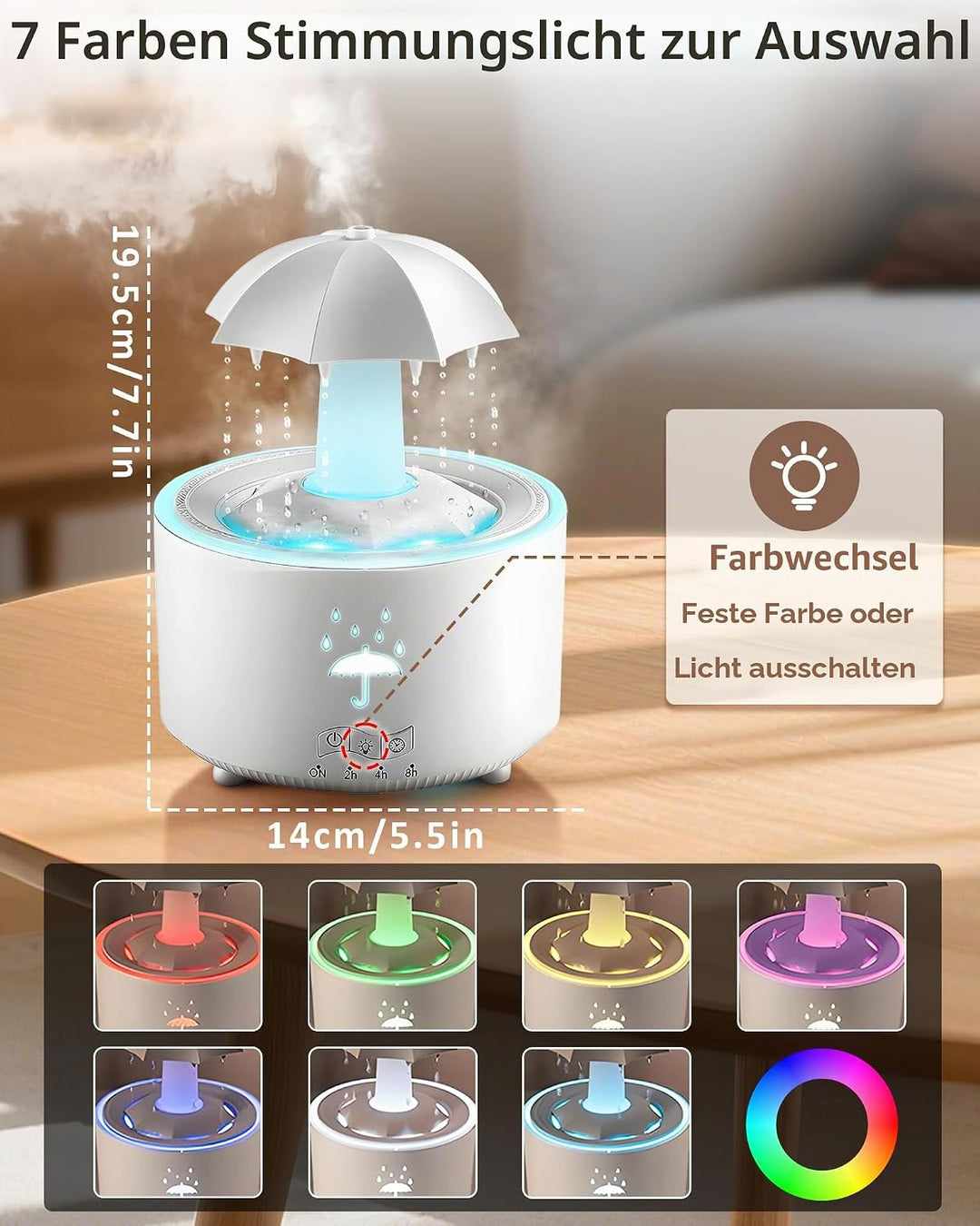 Luftbefeuchter Schlafzimmer 300ML, Aroma Diffuser Rotierender Regentropfen Humidifier Luft, 7-Farben
