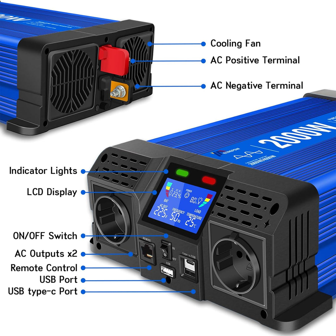 ETREPOW 2000W/4000W 24V Auf 230V Reiner Sinus Wechselrichter mit Fernbedienung, 2 EU Steckdosen, 2 U