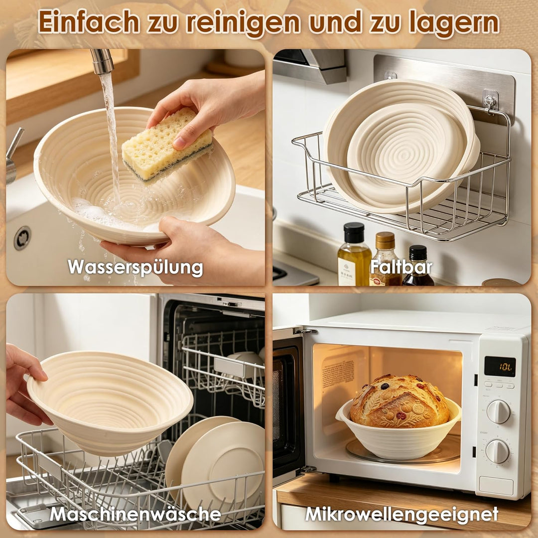 Gärkörbchen Rund, 23cm Gärkorb Set Silikon Proofing Basket Brotkörbchen Brotform mit Leinen, Schaber