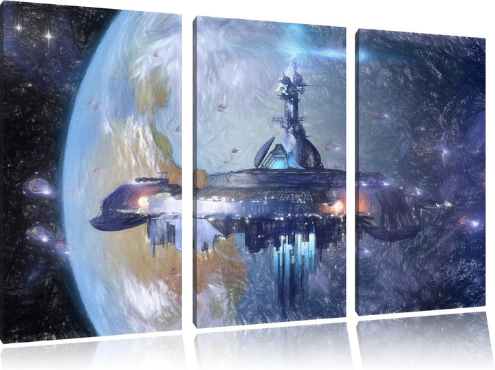Pixxprint futuristisches Raumschiff vor der Erde Kunst Buntstift Effekt 3-Teiler Leinwandbild 120x80