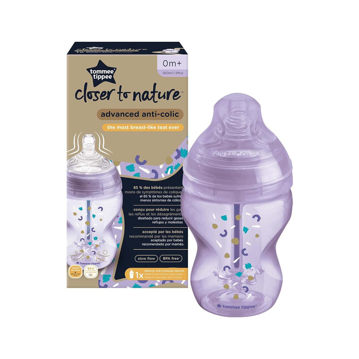 Tommee Tippee Babyflasche Advanced Anti-Kolik, 260 ml, weicher Sauger, Rosa mit Dekorationen 1 Stück