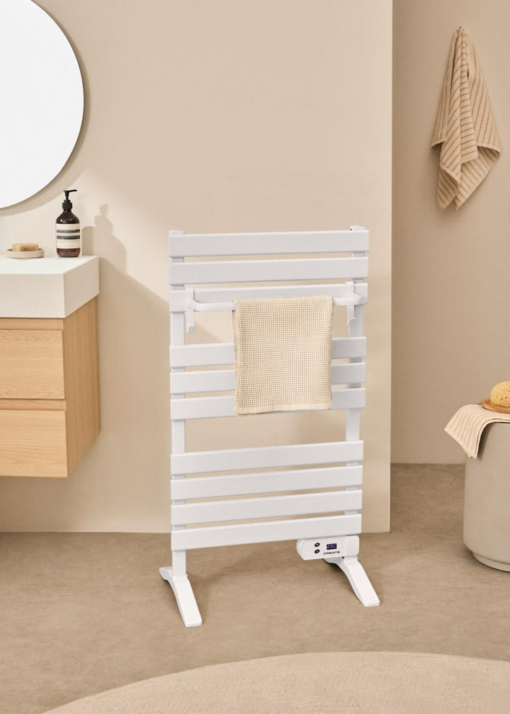 CREATE / WARM Towel 500W / Elektrischer Badheizkörper Weiss mit Standfüssen mit Regal 1 Stange / 103