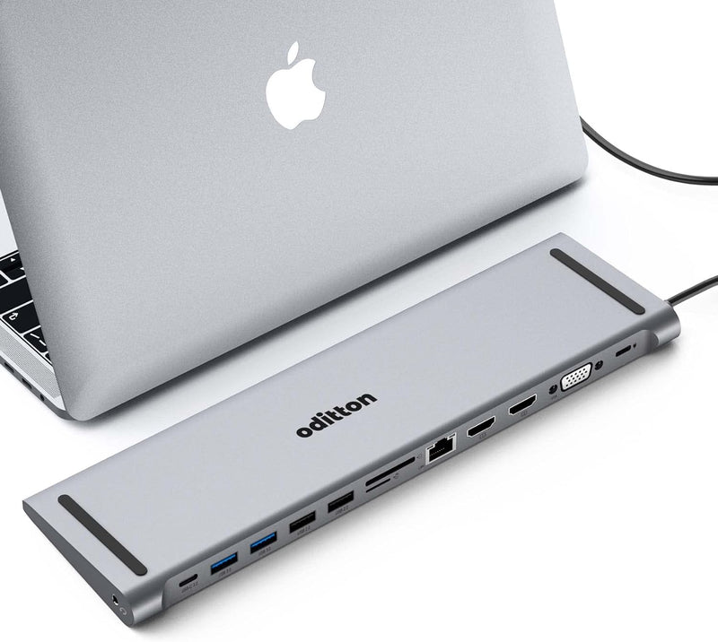 USB C Docking Station, oditton USB C Hub 13 IN 1 Triple Display Laptop Adapter with 2 HDMI, VGA, 100