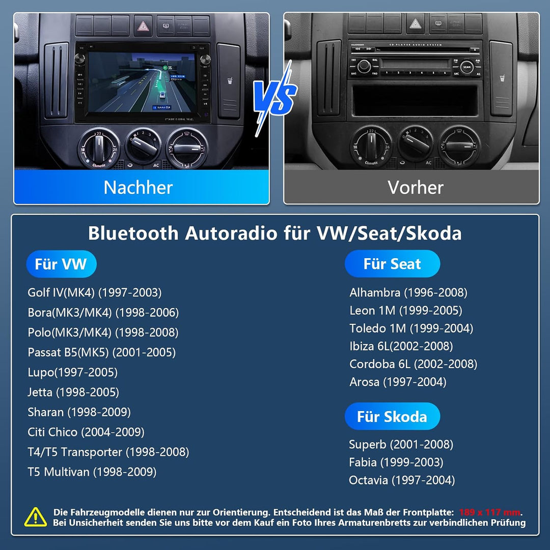 Ledio Bluetooth Autoradio mit Bildschirm für VW Golf 4 Polo MK3/4 9N T5 Passat B5 Seat Skoda, Doppel