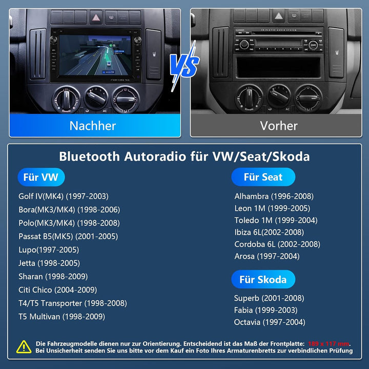 Ledio Bluetooth Autoradio mit Bildschirm für VW Golf 4 Polo MK3/4 9N T5 Passat B5 Seat Skoda, Doppel