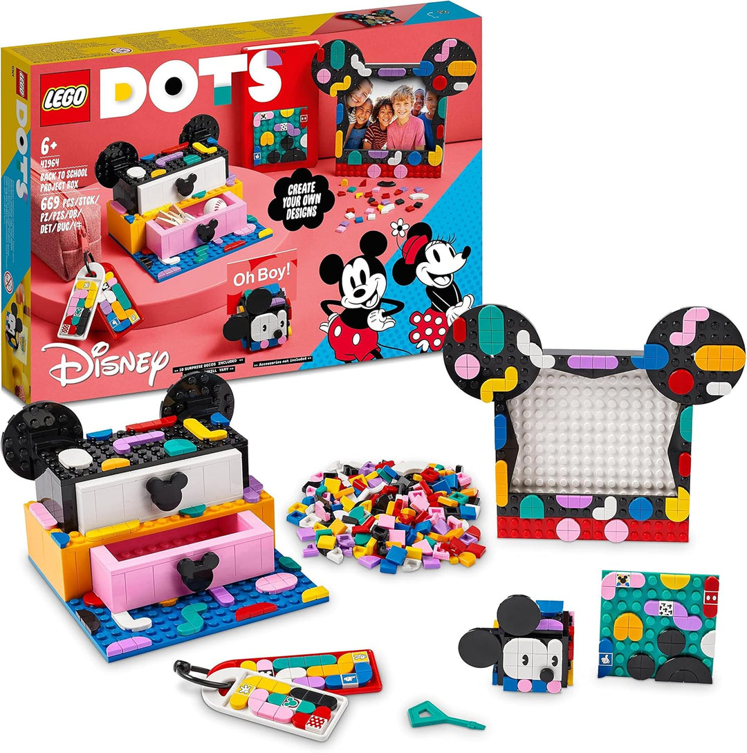 LEGO 41964 DOTS Micky & Minnie Kreativbox zum Schulanfang, 6-in-1 Bastelset mit Taschenanhängern, Au