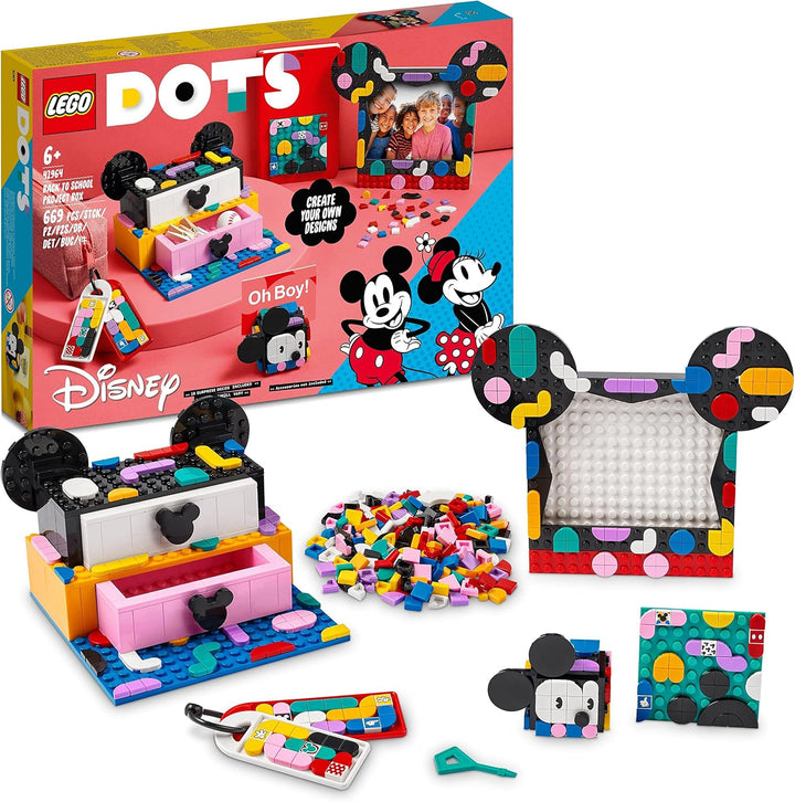 LEGO 41964 DOTS Micky & Minnie Kreativbox zum Schulanfang, 6-in-1 Bastelset mit Taschenanhängern, Au