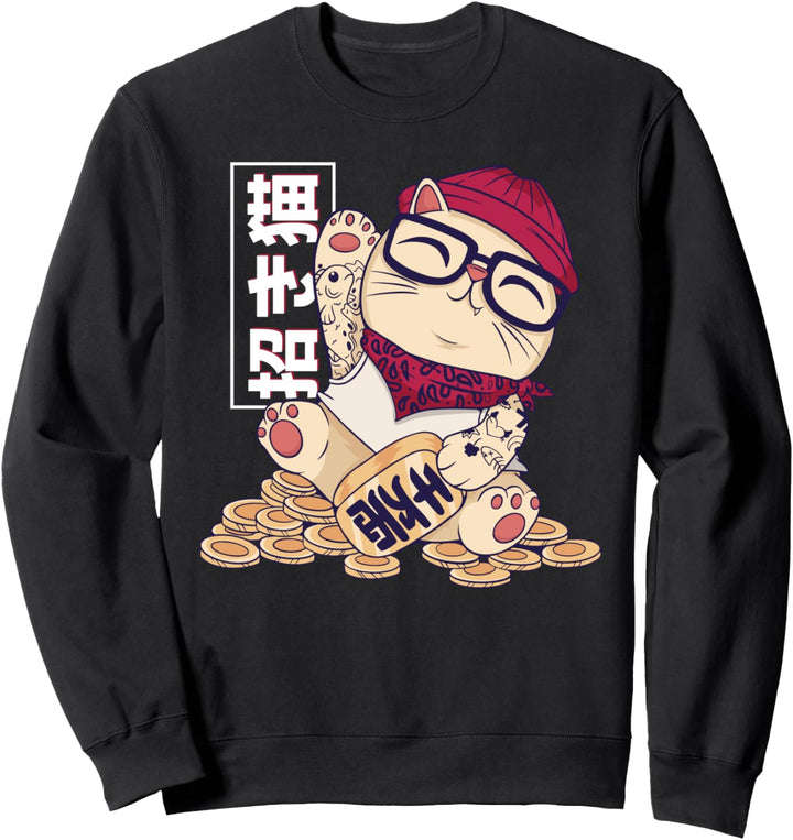 MANEKI NEKO Japanisch Katze Winkekatze die auf Münzen sitzt Sweatshirt