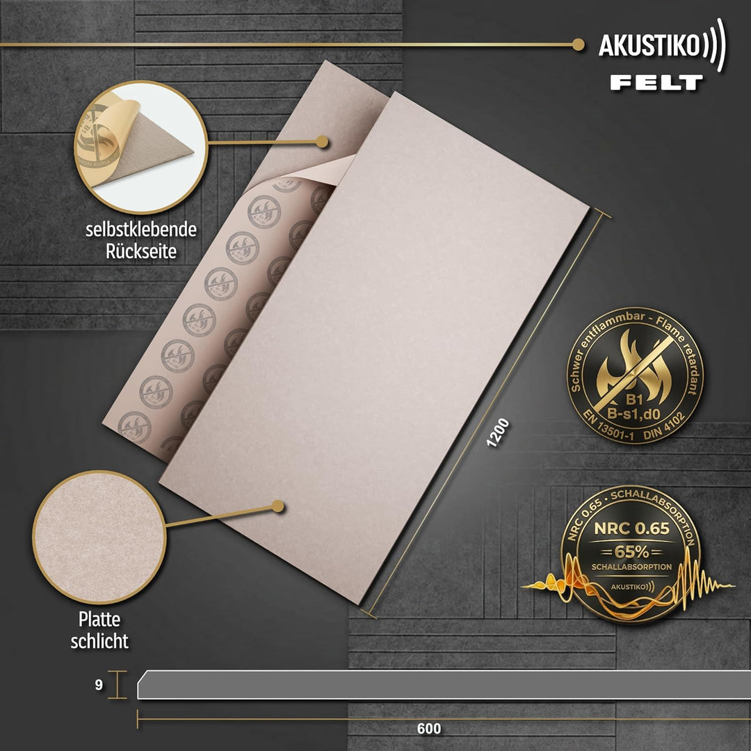 AKUSTIKO Akustikpaneele selbstklebend 4er Set 120x60cm - Schallschutzplatten Feuerfest Schalldämmung