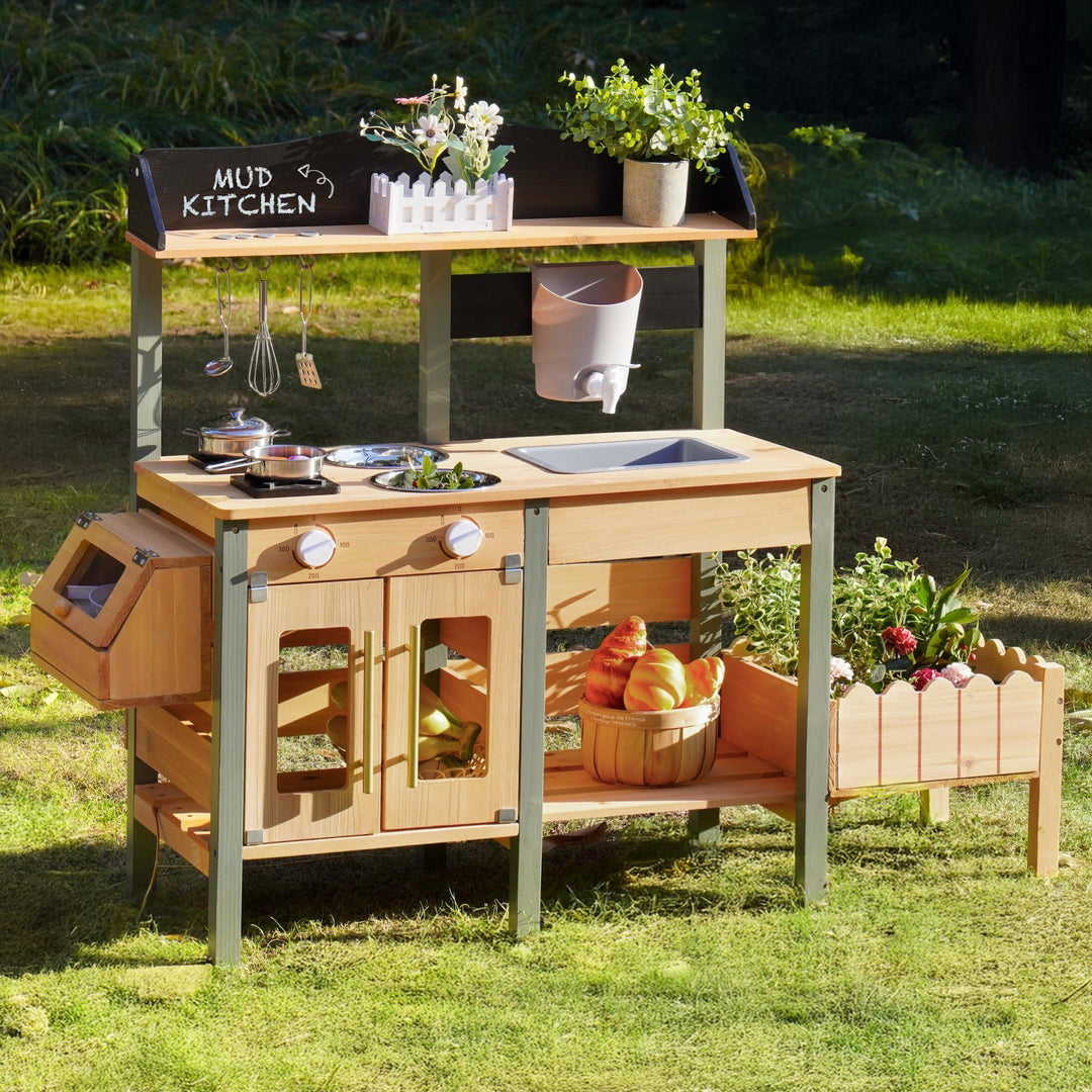 ROBUD Kinder Matschküche Holz, Spielküche mit Echtem Wasserhahn, Pflanzkasten, Insektenkasten, Rolle