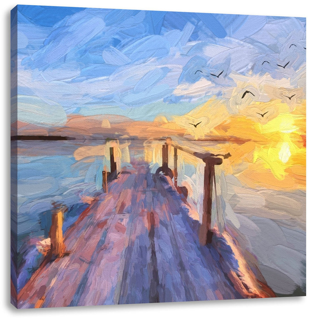 schöner Steg mit Möwen, Format: 70x70 auf Leinwand, XXL riesige Bilder fertig gerahmt mit Keilrahmen