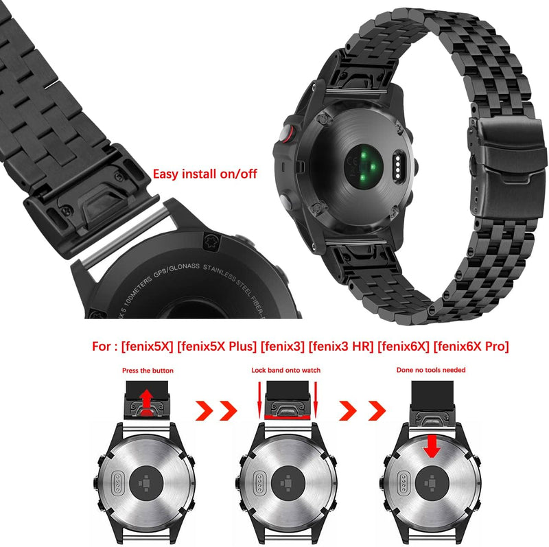 YISIWERA Edelstahlbänder Compatible for Garmin Fenix 6X/6X Pro/5X/5X Plus/3/3 HR/Saphir/D2/Foretrek