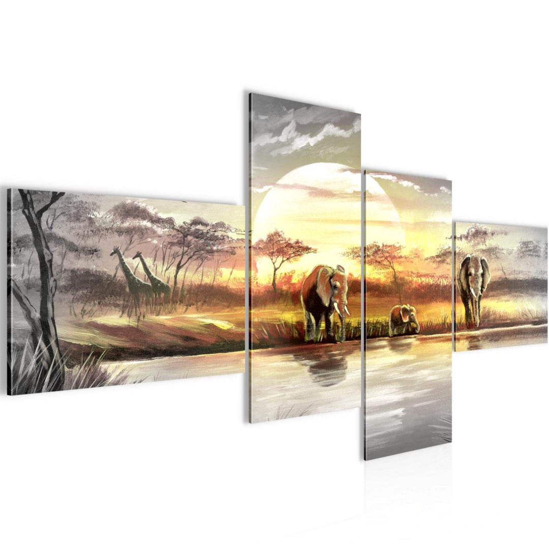 Runa Art Bild Modern Afrika Elefant - Made in Germany - Wandbilder Landschaft Grau Gelb 4 Teilig 000