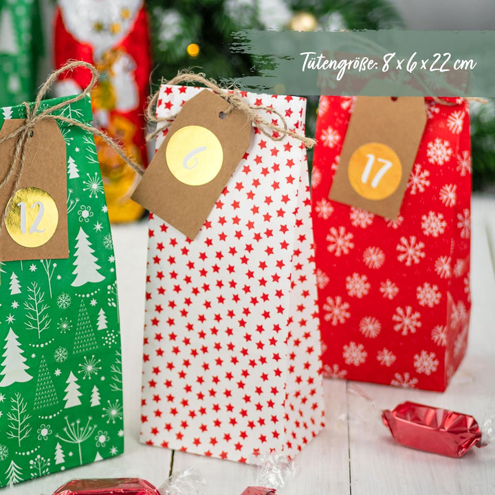 Papierdrachen Adventskalender zum Befüllen - 24 Bedruckte Geschenktüten und 24 Zahlenaufkleber und K